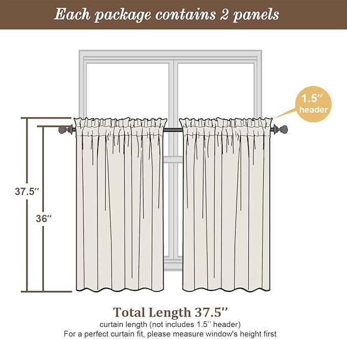 Chyhomenyc Sage Green Sheer Curtains 36 Inch Length, Short Voile Sheer Window Curtians for Small Window Bathroom Cafe Living Room, Set of 2, 42W x 36L inches, Rod Pocket,