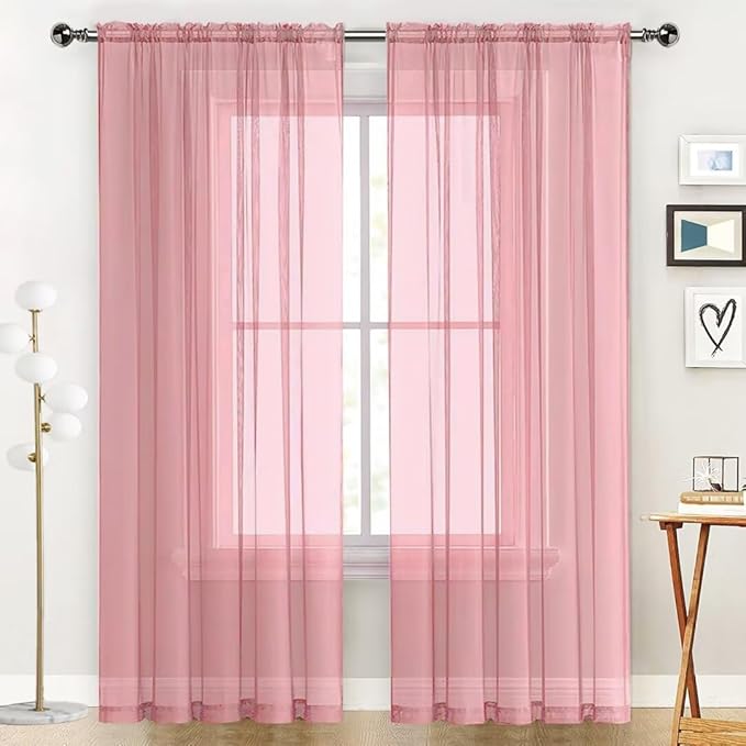 SpaceDresser Sheer Voile Window Treatment Rod Pocket Curtain Panels for Kitchen Bedroom Living Room Drapes Sunlight Filtering Privacy Semi Home Decor Assorted Colors Sizes (Blush, 52 W x 96 L)
