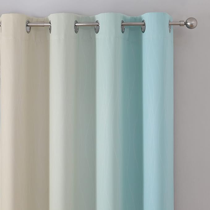 Estelar Textiler Aqua and Beige Ombre Blackout Curtains 45 Inch Length, Light Blocking Gradient Drapes for Kitchen, Thermal Insulated Grommet Curtains for Bathroom,52Wx45L,2 Panels