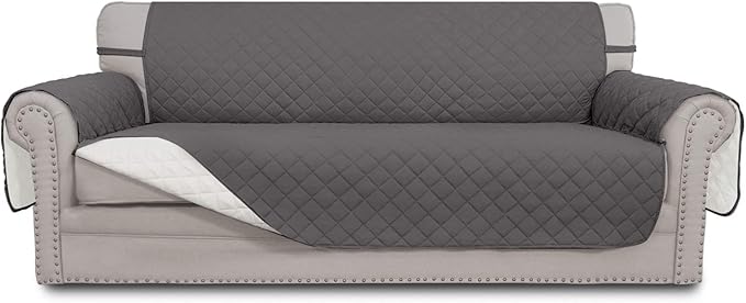 Easy-Going 4 Seater Sofa Slipcover Reversible Sofa Cover Water Resistant Couch Cover with Foam Sticks Elastic Straps Furniture Protector for Pets Children Dog Cat (XX-Large, Gray/Ivory)