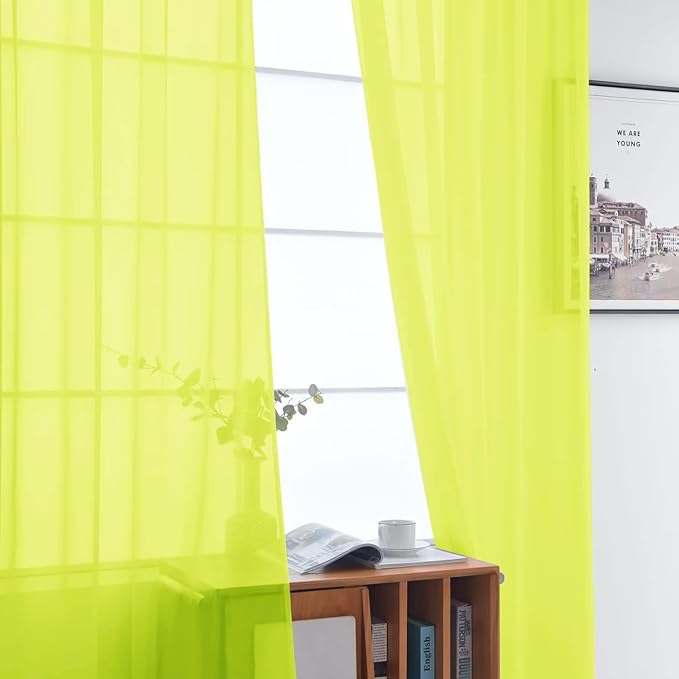 SpaceDresser Basic Rod Pocket Sheer Voile Window Curtain Panels Chartreuse 1 Pair 2 Panels 52 Width 84 Inch Long for Kitchen Bedroom Children Living Room Yard（Chartreuse, 52W x 84L）