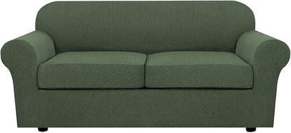 H.VERSAILTEX 3 Piece Stretch Sofa Covers for 2 Cushion Sofa Couch Covers for Living Room Furniture Cover (Base Cover Plus 2 Seat Cushion Covers) Thicker Jacquard Fabric(Large Sofa, Bronze Green)