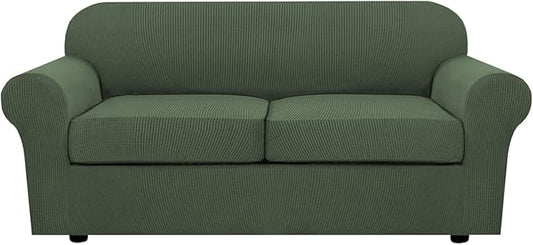 H.VERSAILTEX 3 Piece Stretch Sofa Covers for 2 Cushion Sofa Couch Covers for Living Room Furniture Cover (Base Cover Plus 2 Seat Cushion Covers) Thicker Jacquard Fabric(Large Sofa, Bronze Green)