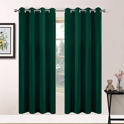 Yakamok Light Blocking Blackout Curtains， Thermal Insulated Room Darkening Drapes for Bedroom, Solid Grommet Top Window Curtains, 52x72 Inch, Dark Green, 2 Panels
