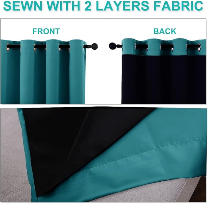 NICETOWN 100% Blackout Window Curtain Panels, Cold and Full Light Blocking Drapes with Black Liner for Nursery, 84" Drop Thermal Insulated Draperies (Peacock Teal, 2 Pieces, 70" Wide Each Panel)