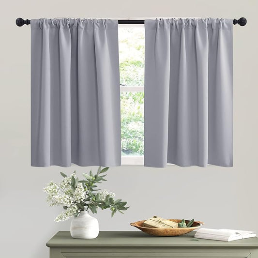 RYB HOME Short Silver Grey Blackout Curtains for Small Bedroom Window, Insulating UV Blocking Drapes for Kitchen Cafe Basement, Privacy Tiers for Bathroom Window, Width 42 by Length 36, Set of 2