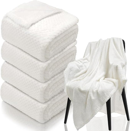 4 Pack Fleece Throw Blankets 50x60 Inches - Oeko-Tex Certified 100, 270 GSM Ultra Soft Plush for Bed, Couch and Cozy Gifts. 3D Waffle Texture, No Shedding No Pilling All Season (White)