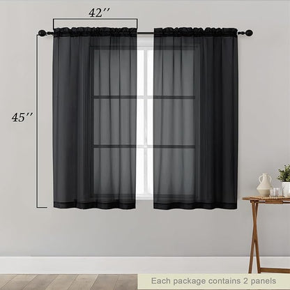 Black Sheer Curtains for Bedroom Living Room 45 Inch Length 2 Panels, Soft Airy Light Filtering Small Kitchen Window Curtains, Rod Pocket Short Curtain Drapes, Black, 42" Wx45 L Inches