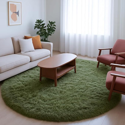 Amdrebio Olive Green Round Rug 4Ft for Bedroom Living Room, Fluffy Shaggy Modern Circle Area Rugs for Kids Room, Soft Plush Fuzzy Shag Carpet for Dorm Playroom Office Nursery Classroom, Home Decor