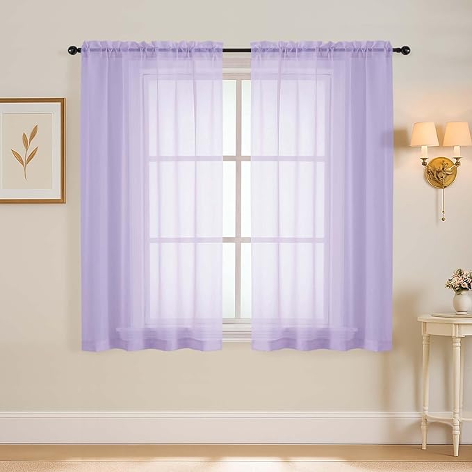Window Sheer Curtains 54 inch Length, Soft Airy Light Filtering Sheer Curtain 2 Panels Set, Dual Rod Pocket Gauze Drapes for Living Room Bedroom, Lavender, 2x42Wx54L Inches