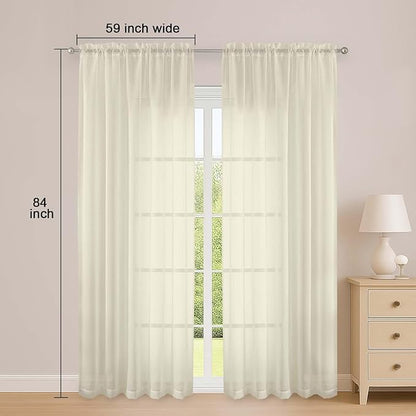 OWENIE Sheer Curtains 84 Inches Long 2 Panels Set, Sheer Cream Curtains for Living Room Bedroom 59 Inch Extra Wide, Modern Voile Filmy Rod Pocket Drapes, 2 Pcs, Each 59 W x 84L, Cream