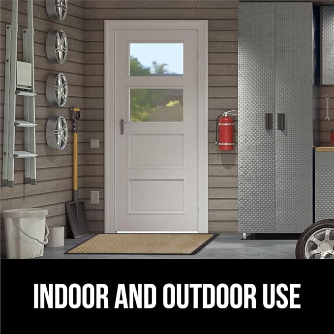 GORILLA GRIP 100% Waterproof All-Season WeatherMAX Doormat US Designed Natural Rubber, Stain and Fade Resistant, Low Profile Indoor Outdoor Door Mats, Easy Clean Patio Mat, 29x17, Beige Diamond