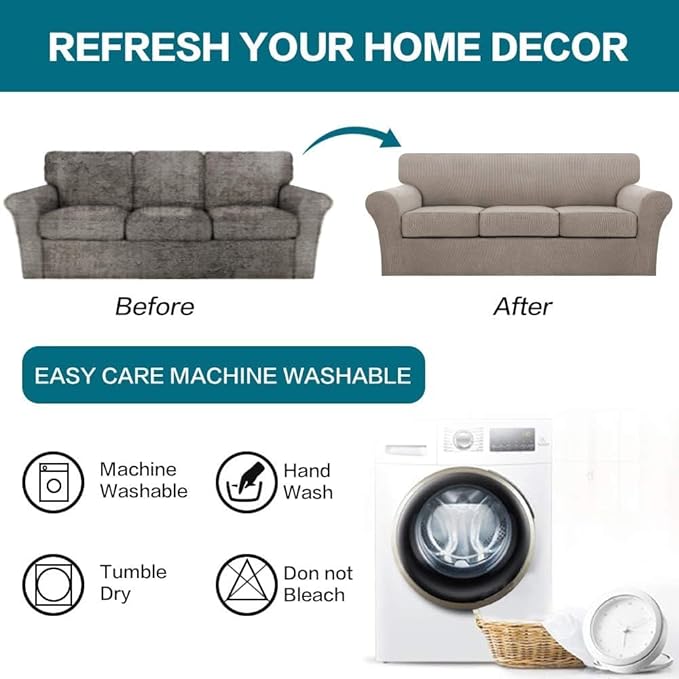Turquoize 4 Piece Sofa Covers for 3 Cushion Couch Sofa Slipcover Soft Couch Cover for Dogs Washable Furniture Cover with 3 Individual Large Cushion Covers Feature Fabric (Large Sofa, Taupe)