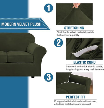 H.VERSAILTEX Real Velvet Plush 3 Piece Stretch Sofa Covers Couch Covers for 2 Cushion Couch Loveseat Covers Width Up to 72 Inch Feature Thick Soft Stay in Place (Medium Sofa, Olive)