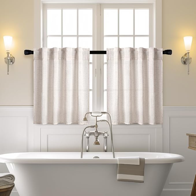 MIULEE Farmhouse Kitchen Curtains 36 Inch Length 2 Panels, Soft Thick Linen Textured Natural White Semi Sheer Light Filtering Short Cafe Tier Curtains for Small Half Window Back Tab Rod Pocket