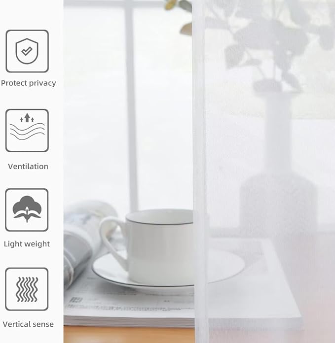youleyar Solid Sheer Rod Pocket Curtain Voile Draperies 4 Panels White Beige Black Grey Coffee 52 Inch Width 90 Inch Long 1 Pair for Kitchen Bedroom Children Living Room Yard(White,52Wｘ90L)
