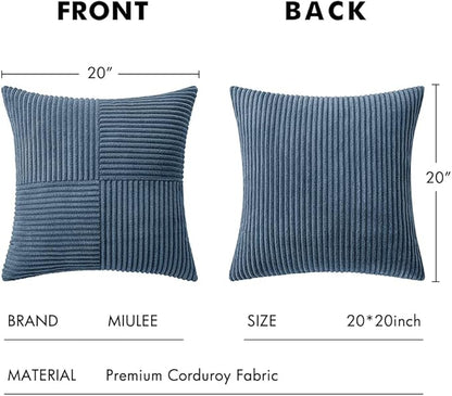 MIULEE Blue Decorative Throw Pillow Covers 20x20 Inch for Couch Bed Sofa Pack of 2 Boho Farmhouse Throw Pillows Soft Cross Corduroy Patchwork Textured Cushion Cases