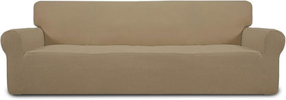 Easy-Going Stretch 4 Seater Sofa Slipcover 1-Piece Sofa Cover Furniture Protector Couch Soft with Elastic Bottom for Kids, Polyester Spandex Jacquard Fabric Small Checks Tan