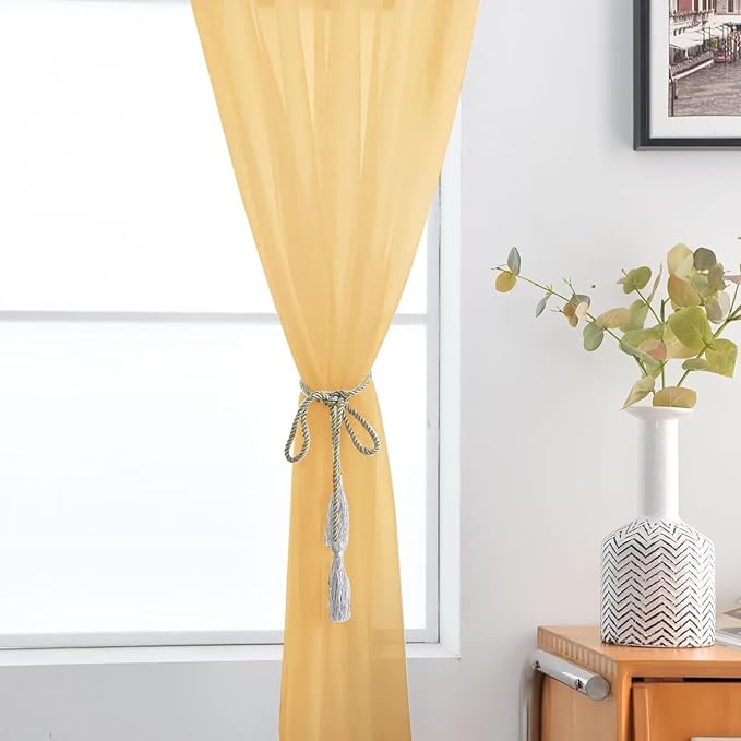 SpaceDresser Basic Rod Pocket Sheer Voile Window Curtain Panels Gold 1 Pair 2 Panels 52 Width 72 Inch Long for Kitchen Bedroom Children Living Room Yard（Gold, 52W x 72L）
