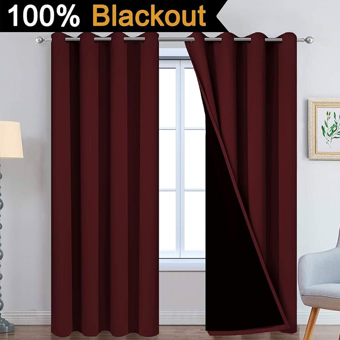 Yakamok 100% Blackout Curtains for Living Room, Noise Reducing Drapes,Thermal Insulated Blackout Curtains for Bedroom(52Wx84L, Burgundy Red, 2 Panels)