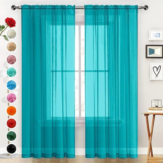 SpaceDresser Sheer Voile Window Treatment Rod Pocket Curtain Panels for Kitchen Bedroom Living Room Drapes Sunlight Filtering Privacy Semi Home Decor Assorted (Peacock Blue, 52 W x 108 L)