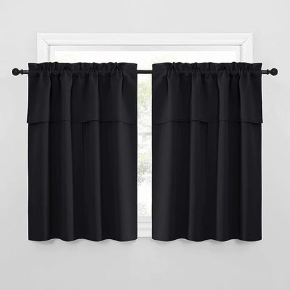 NICETOWN Black Blackout Curtains with Attached Valance, Solid Room Darkening Window Treatment Drapes/Draperies for Bedroom (2 PCs, 52 inches Wide by 45 inches Long)