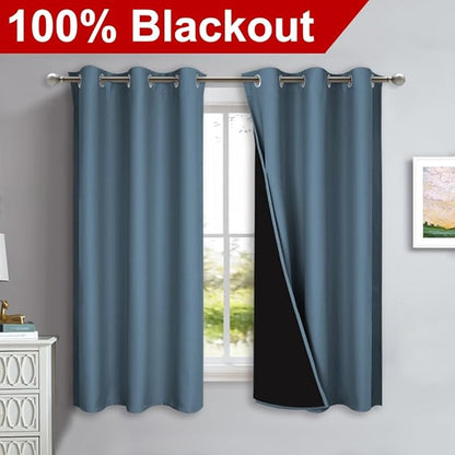 NICETOWN 100% Blackout Curtains 45 inches Long, Smoky Blue, 1 Pair, 42 inches Width Each Panel, 2 Thick Layers Completely Blackout Window Treatment Thermal Insulated Lined Drapes for Small Window