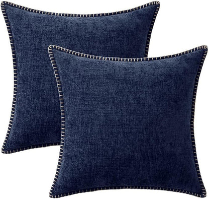MIULEE Pack of 2 Couch Throw Pillow Covers 16x16 Inch Navy Blue Farmhouse Decorative Pillow Covers with Stitched Edge Soft Chenille Solid Dyed Spring Pillow Covers for Sofa Bed Living Room