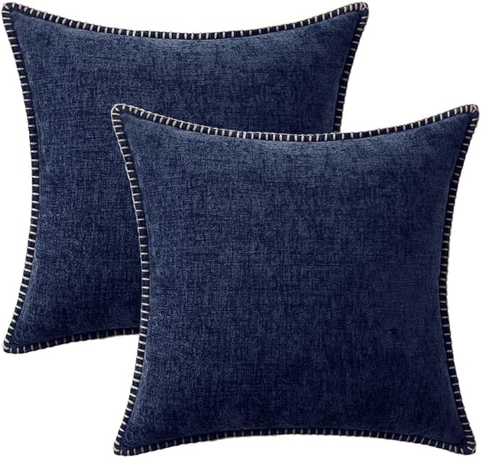 MIULEE Pack of 2 Couch Throw Pillow Covers 20x20 Inch Navy Blue Farmhouse Decorative Pillow Covers with Stitched Edge Soft Chenille Solid Dyed Spring Pillow Covers for Sofa Bed Living Room