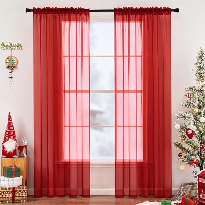 MIULEE 2 Panels Red Solid Color Sheer Christmas Window Curtains Elegant Window Voile Panels/Drapes/Treatment for Bedroom Living Room (54X96 Inches)