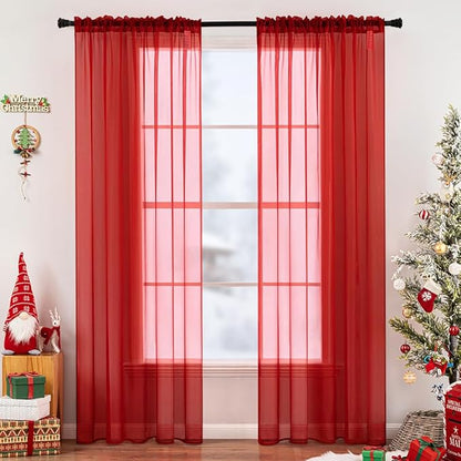 MIULEE 2 Panels Red Solid Color Sheer Christmas Window Curtains Elegant Window Voile Panels/Drapes/Treatment for Bedroom Living Room (54X96 Inches)