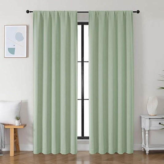 Simplebrand Ava Light Green Blackout Curtains for Bedroom 84 Inch Length 2 Panels Set, Solid Thermal Insulated Privacy Nursery Window Treatment Curtains Blackout Drapes, W50 x L84 Inch, Light Green