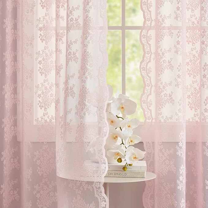 YJ YANJUN Vintage Lace Curtains Pink Boho Floral 80 Inch Curtains for Girls Room Princess Closet Curtain for Open Closet Pink Sheer Sliding Closet Door Drapes 2 Panels Set Light Pink 52W x 80L