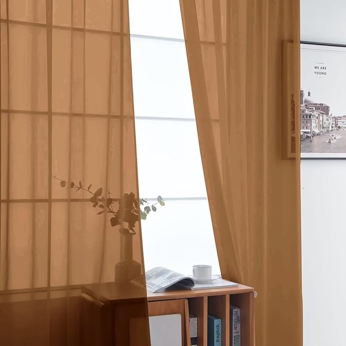 SpaceDresser Basic Rod Pocket Sheer Voile Window Curtain Panels Light Brown 1 Pair 2 Panels 52 Width 72 Inch Long for Kitchen Bedroom Children Living Room Yard（Light Brown, 52W x 72L）