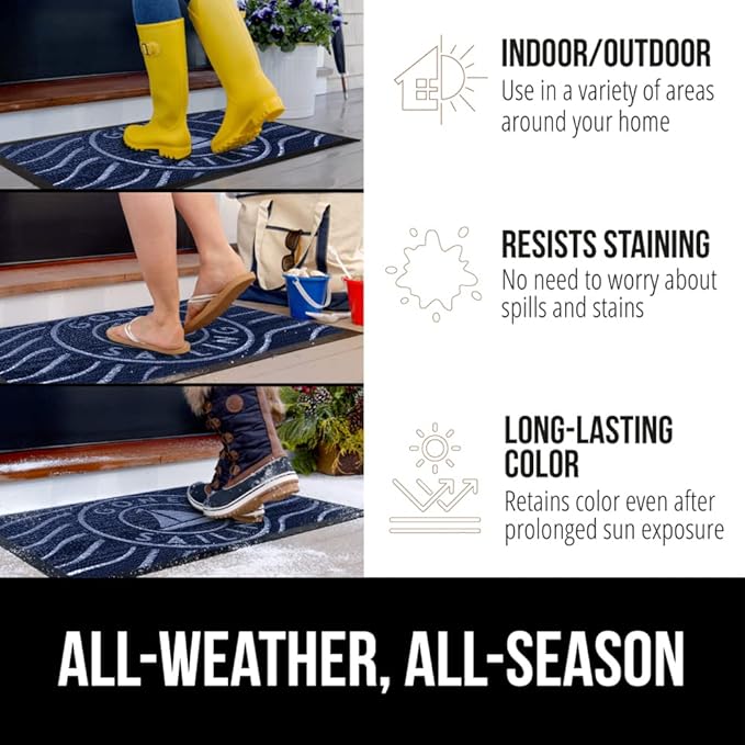 GORILLA GRIP 100% Waterproof All-Season WeatherMAX Doormat US Designed Natural Rubber, Stain and Fade Resistant, Low Profile Indoor Outdoor Door Mats, Easy Clean Patio Mat, 29x17, Blue Sailing