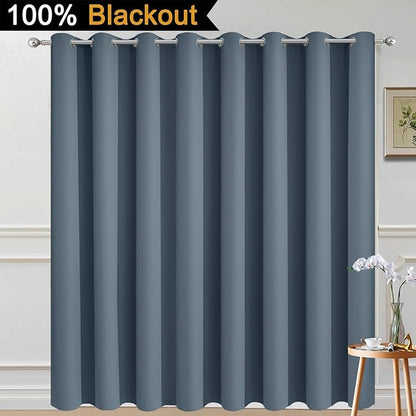 Yakamok Total Blackout Extra Wide Patio Sliding Door Curtains, Grommet Thermal Insulated Blind Curtains, Sliding Glass Door Panel for Living Room/Space Room Divider, Stone Blue, W100 x L96, 1 Panel