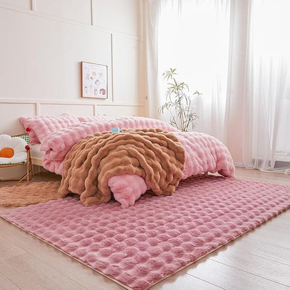 Pink Rabbit Plush Rug 5'x8', Fluffy Faux Fur Shaggy Area Rug for Nursery, Kids Room Decor, Soft Fuzzy Carpet for Living Room, Bedroom, Teen Girls Room
