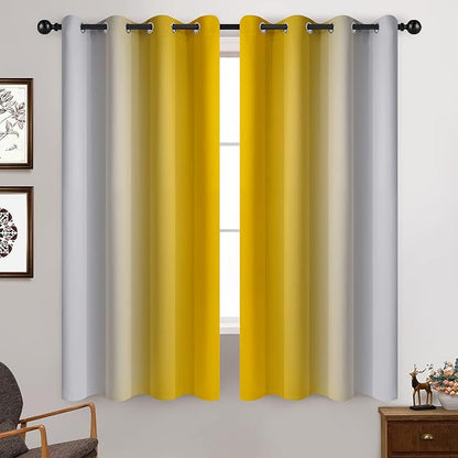 Yakamok Yellow Ombre Curtains 63 Inches Long, Light Blocking Gradient Color Curtain Panels, Room Darkening Grommet Window Drapes for Bedroom(52x63 Inch, 2 Panels)