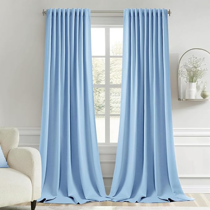 MIULEE Sky Blue Back Tab Blackout Curtain 96 Inch Long 2 Panels Set for Bedroom, Rod Pocket/Pinch Pleat Thermal Insulated Living Room Darkening Pleated Light Blocking Floor to Ceiling Drape