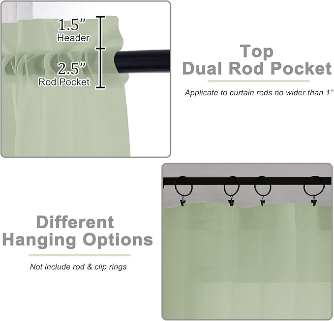 Cafe Curtains 36 Inch Length Tier 2 Pieces, Modern Soft Airy Sheer Kitchen Short Curtains for Small Window, Rod Pocket Small Curtain for Bathroom Basement, Light Green, 42" Wx36 L Inches