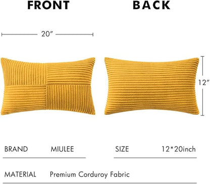 MIULEE Mustard Yellow Decorative Lumbar Throw Pillow Covers 12x20 Inch for Couch Bed Sofa Pack of 2 Boho Farmhouse Throw Pillows Soft Cross Corduroy Patchwork Textured Cushion Cases