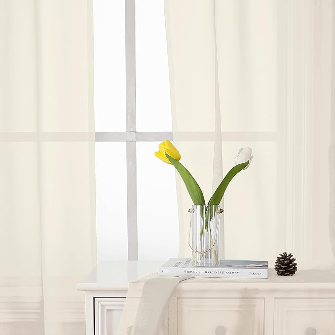 Lecloud Cream Sheer Curtains 68 Inch Length 2 Pcs, Light Filtering Bedroom Curtains for Living Room, Farmhouse Window Voile Soft Rod Pockets Drapes for Bathroom Home Office, Each Panel 42" W x 68" L