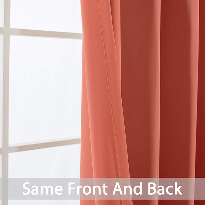 Yakamok Curtains 63 Inch Length Coral Orange Room Darkening Blackout Thermal Insulated Drapes Solid Grommet Top Window Curtain Panels for Girls' Bedroom (52x63 Inch, Coral Orange, One Pair)