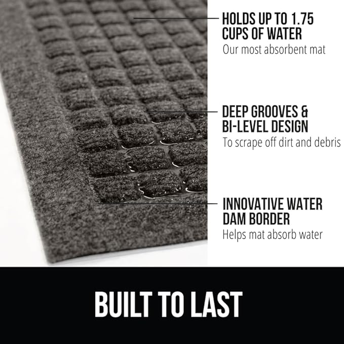 GORILLA GRIP® Ultra Absorbent Front Door Mat Outside Entrance, Traps Dirt and Moisture, HydroABSORB Indoor Outdoor Doormat Holds 1.7 Cups Water, Stain and Fade Resistant Welcome Mat, 29x17 Charcoal