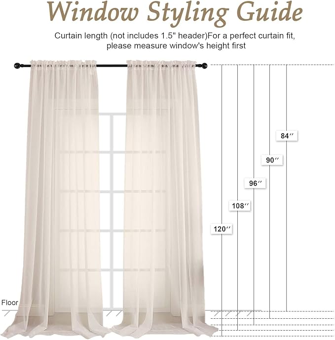 OVZME Cream Bedroom Curtains 2 Panel Sets 90 Inch Length, 59 Inch Extra Wide Light Filtering Light Weight Soft Window Treatment Panels for Study Room Living Room Guest Room, 59Wx90L Inches