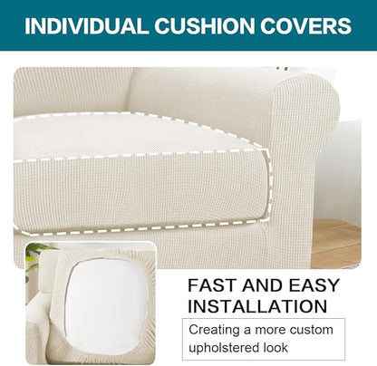 Turquoize 2 Piece Chair Covers Armchair Slipcovers for Living Room Armchair Sofa Cover with Individual Cushion Covers Feature Jacquard Fabric (Chair, Cream)