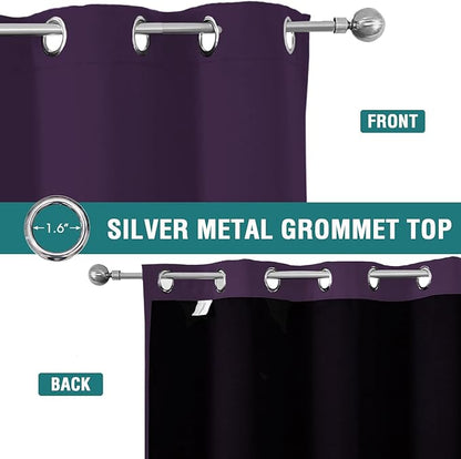ChrisDowa 100% Blackout Curtains for Bedroom with Black Liner, 2 Thick Layers Total Blackout Thermal Insulated Grommet Window Curtains 2 Panels Set (Royal Purple, 52 x 72 Inch)