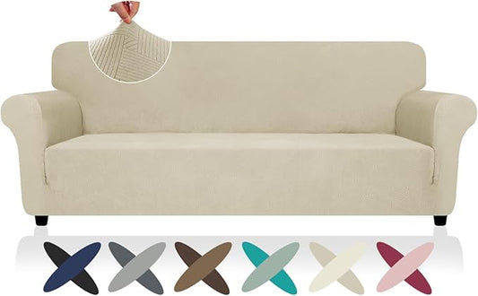 ZNSAYOTX Oversized Super Stretch Couch Cover (92"-115"), New Striped Sofa Covers Comfortable & Durable, Dog Cat Pets Friendly Extra Large Spandex Sofa Slipcovers (Khaki, XL Sofa)