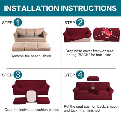 Turquoize 4 Piece Sofa Covers for 3 Cushion Couch Sofa Slipcover Soft Couch Cover for Dogs Washable Furniture Cover with 3 Individual Large Cushion Covers Feature Fabric (Large Sofa, Burgundy)