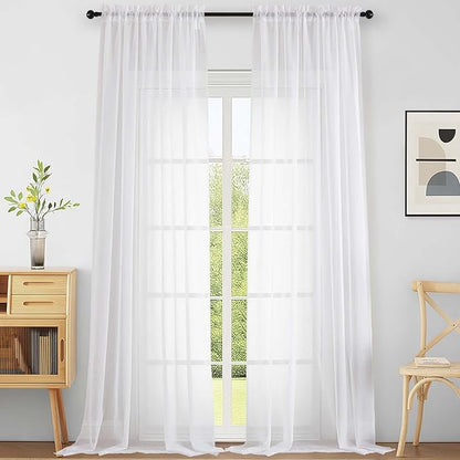 Extra Wide White Sheer Curtains for Windows 108 inches Long, Lightweight Light Filtering Soft Drapes for Living Room Bedroom, Dual Rod Pocket Sheer Curtains, 2x59Wx108L inches, 9FT, 2PCS
